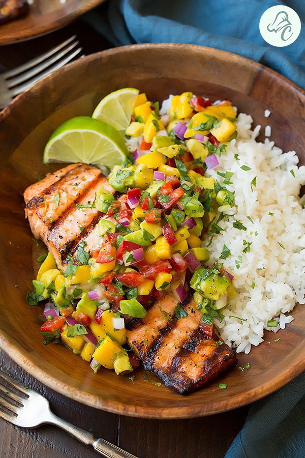 Grilled Lime Salmon with Mango Salsa and Coconut Rice