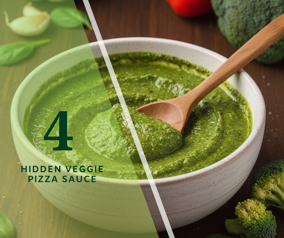 Hidden Veggie Pizza Sauce Recipe By Chefs Home Around! Delicious and easy to make healthy recipes made with broccoli and spinach!