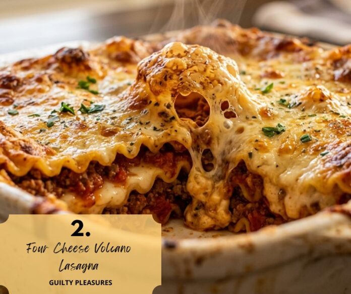 Four Cheese Volcano Lasagna – Ultra Cheesy Lasagna Recipe By Chefs Home Around Four Cheese Volcano Lasagna with molten cheese center bubbling from golden baked top
