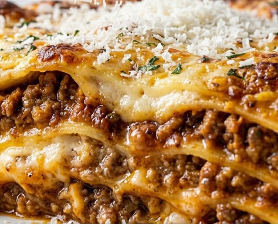 Close up layers of extra cheesy baked lasagna with rich meat sauce and parmesan topping