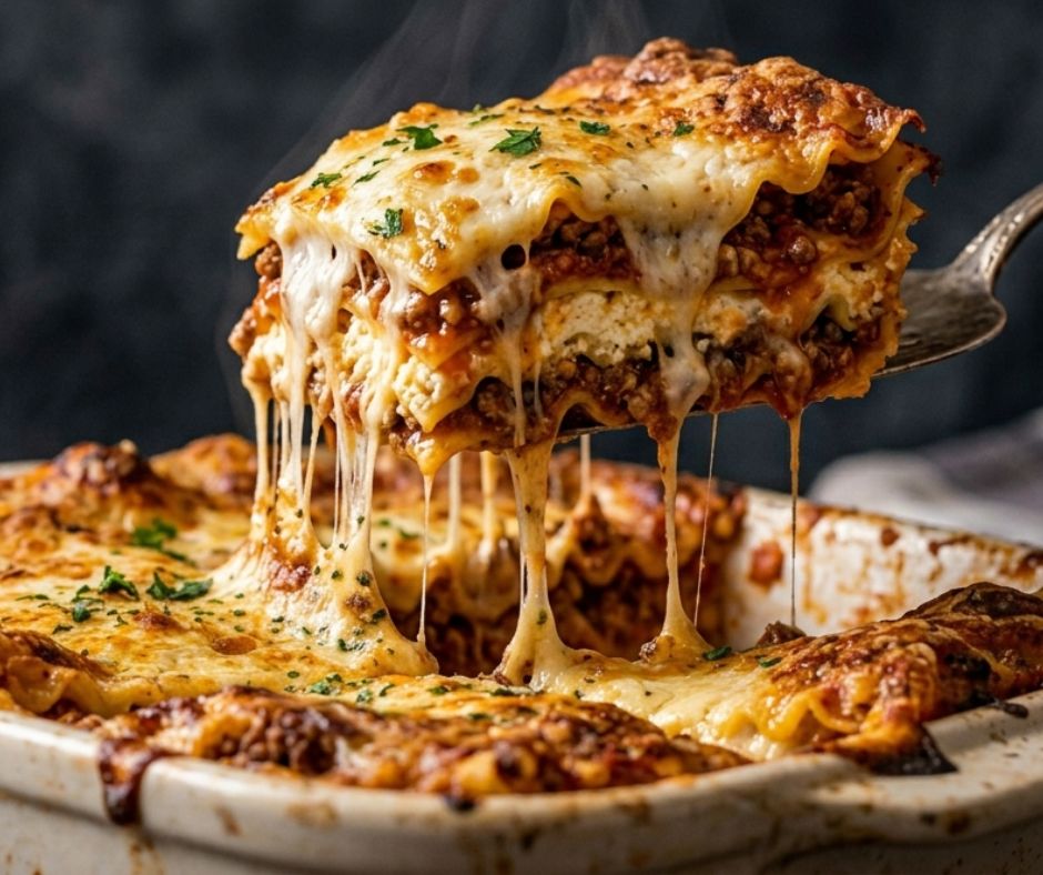 Slice of Four Cheese Volcano Lasagna lifted with long gooey cheese pull
