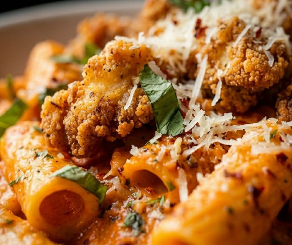 Overhead view of spicy vodka rigatoni pasta with crispy chicken, parmesan cheese and fresh basil garnish