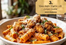 Spicy Vodka Rigatoni with Crispy Chicken (Restaurant-Style Creamy Vodka Pasta) Spicy Vodka Rigatoni with Crispy Chicken topped with parmesan cheese, fresh basil, and creamy vodka sauce