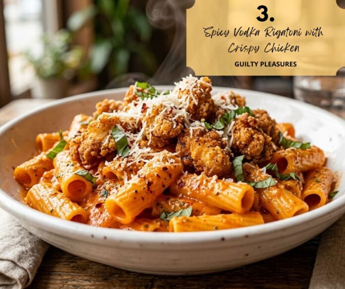 Spicy Vodka Rigatoni Pasta recipe by Chef's Home Around Spicy Vodka Rigatoni with Crispy Chicken topped with parmesan cheese, fresh basil, and creamy vodka sauce