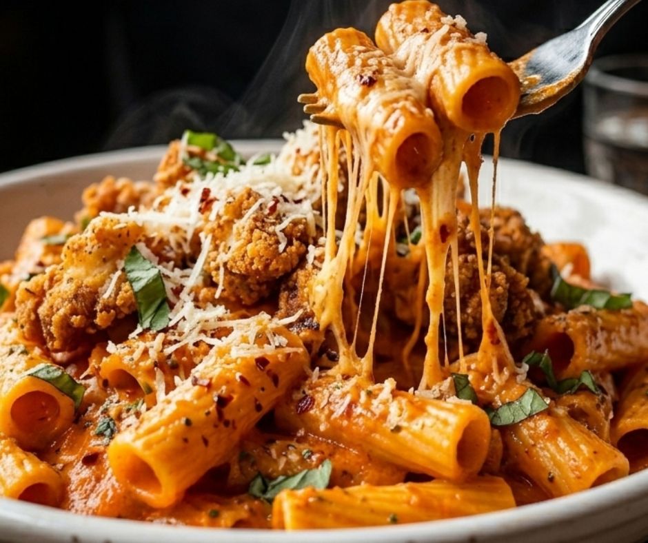 Close-up of creamy vodka pasta recipe with crispy fried chicken, rigatoni, parmesan cheese and chili flakes