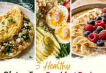 3 Healthy Gluten Free Breakfast Recipes Packed with Protein Three healthy gluten free breakfast recipes including spinach feta chickpea omelette, quinoa breakfast bowl with eggs and avocado, and peanut butter chia protein smoothie bowl.