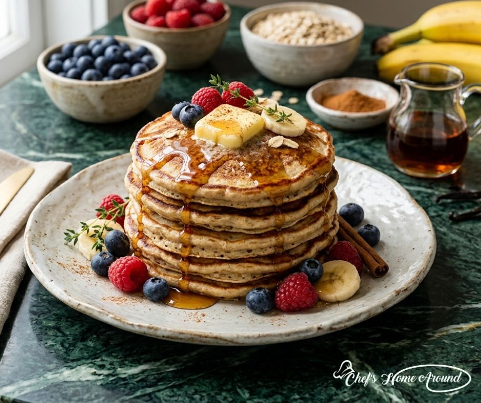 Stack of fluffy banana oat protein pancakes made with gluten-free oats, banana, eggs, and topped with fresh berries and maple syrup.