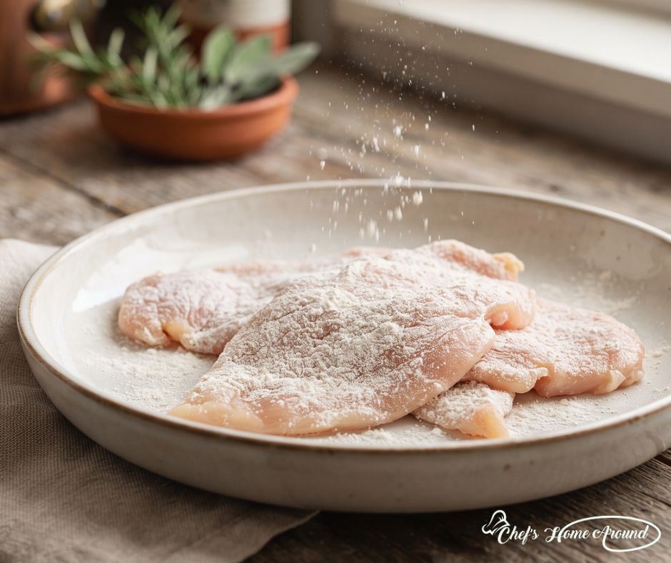 Chicken breast coated with flour for Chicken Piccata recipe
