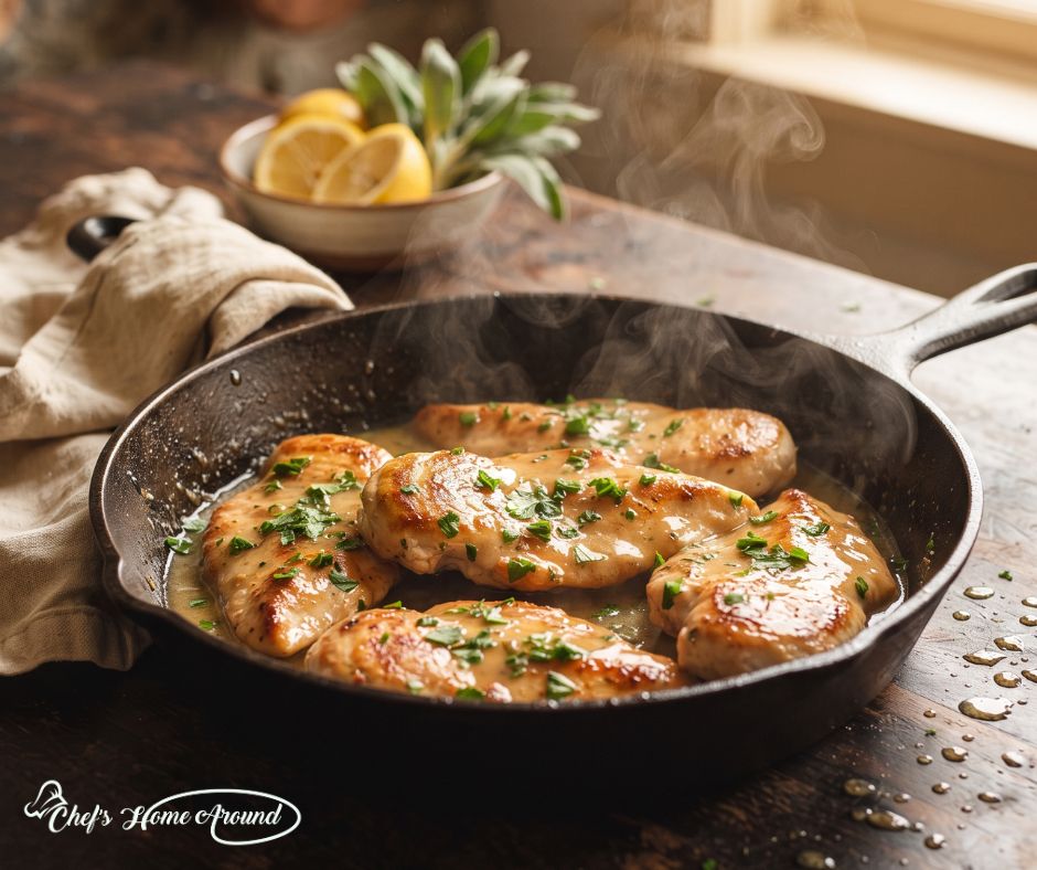 Chicken breasts cooking in Chicken Piccata sauce in a skillet