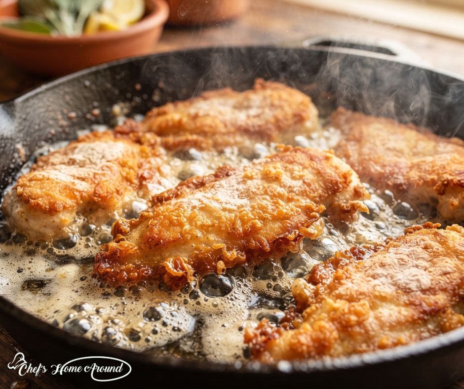 Chicken breasts browning in skillet for easy Chicken Piccata recipe