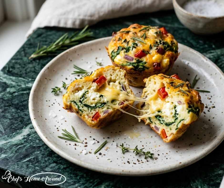Cottage cheese veggie egg muffins with spinach, bell peppers, cheddar cheese, and herbs served on a plate.