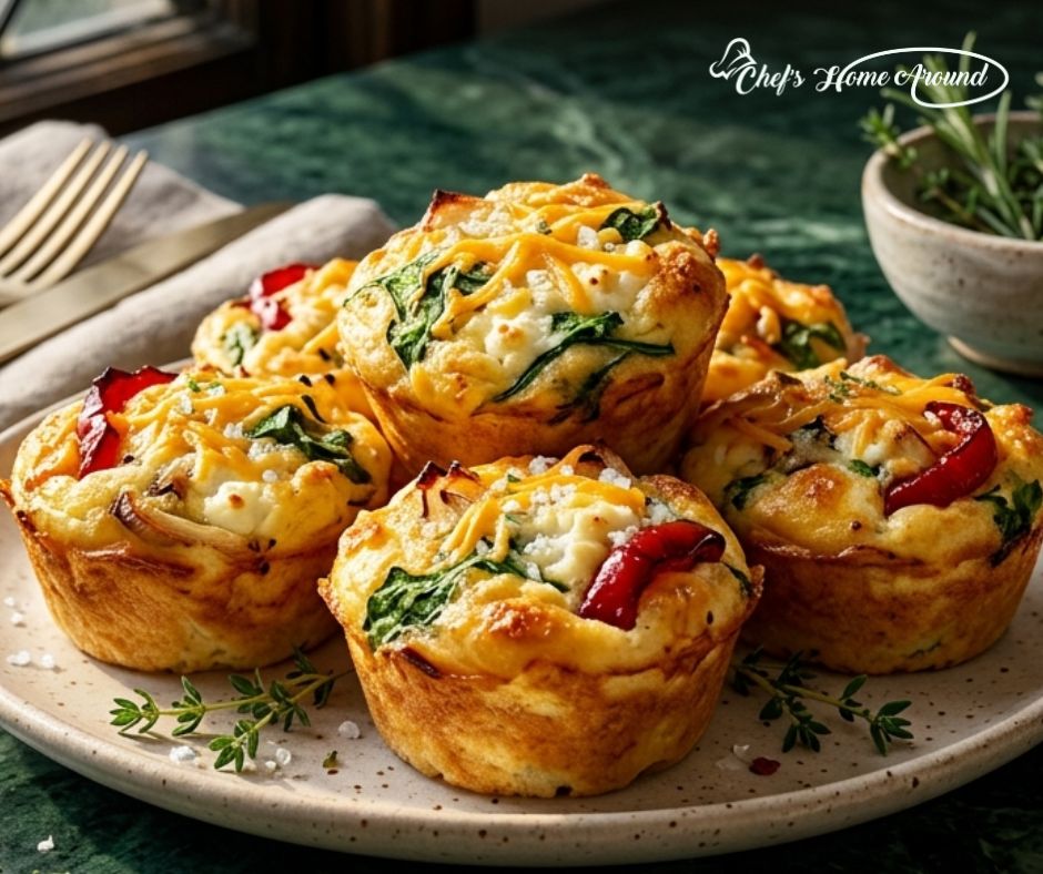 Freshly baked cottage cheese veggie egg muffins loaded with spinach, cheese, and colorful vegetables.