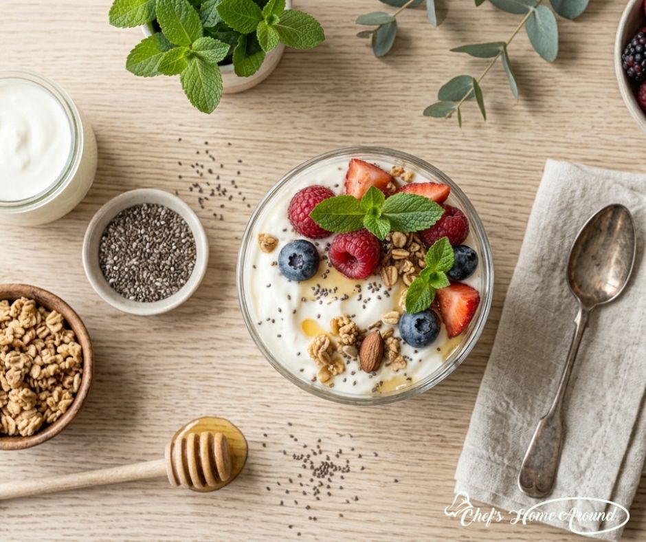 Healthy Greek yogurt berry protein parfait topped with strawberries, blueberries, granola, chia seeds, and honey.