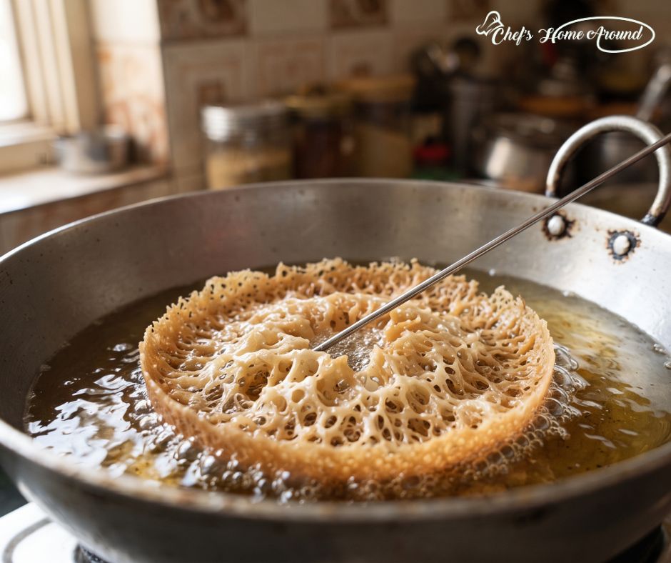 Freshly fried Homemade Ghewar with crispy honeycomb texture being lifted from hot oil during an Easy Ghewar Recipe.