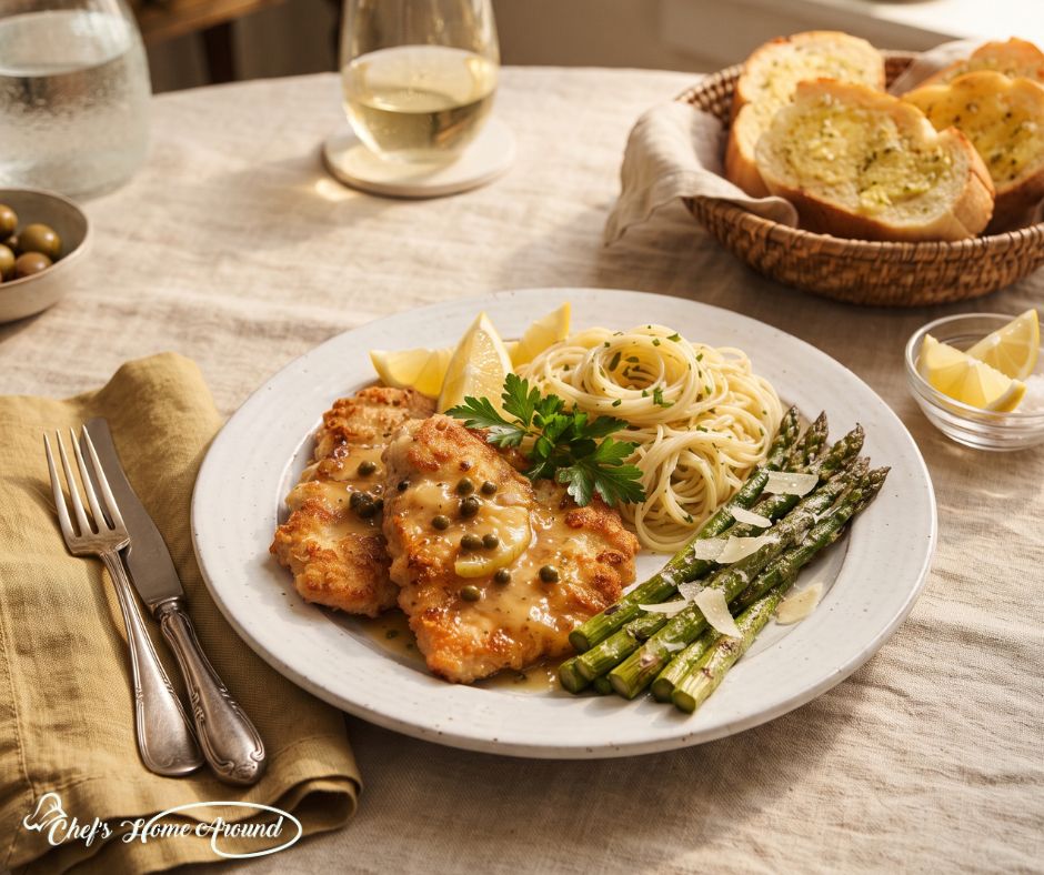 Easy Chicken Piccata recipe served with pasta and asparagus
