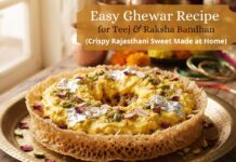 Easy Ghewar Recipe for Teej & Raksha Bandhan (Crispy Rajasthani Sweet Made at Home) Beautiful Rajasthani Ghewar Recipe topped with creamy rabri, nuts and silver leaf for Teej and Raksha Bandhan.