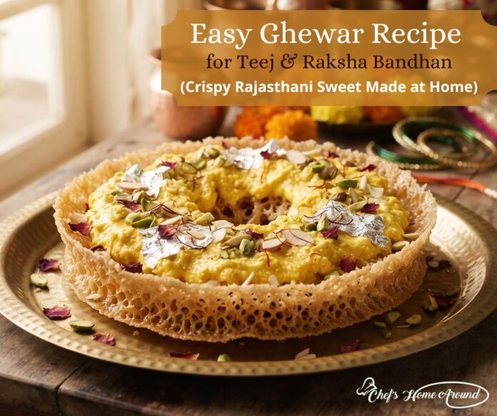 Easy Ghewar Recipe for Teej & Raksha Bandhan (Crispy Rajasthani Sweet Made at Home) Beautiful Rajasthani Ghewar Recipe topped with creamy rabri, nuts and silver leaf for Teej and Raksha Bandhan.