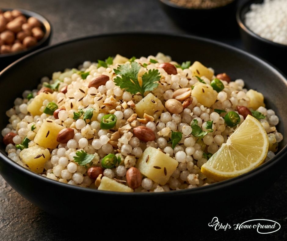 Sabudana khichdi recipe served with lemon and roasted peanuts for vrat