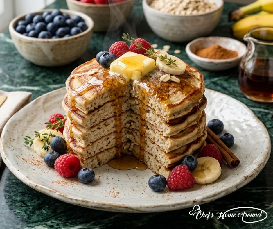 Fluffy gluten-free banana oat protein pancakes sliced to show their soft texture with berries and maple syrup.