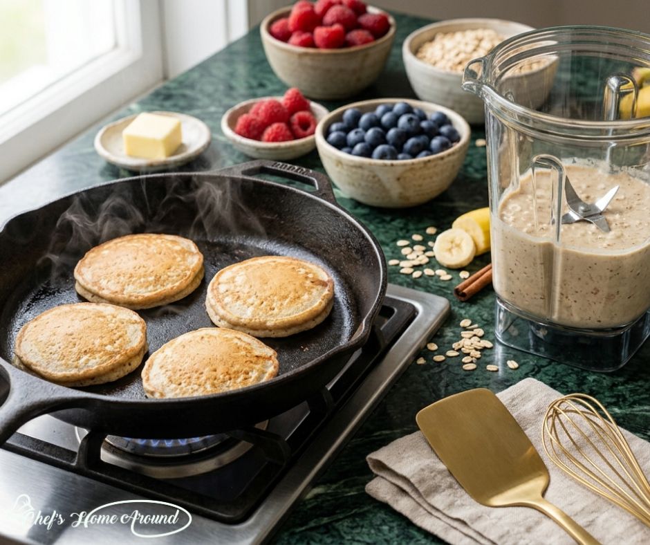 Banana oat protein pancakes cooking on a skillet with blended batter and fresh berries ready for serving.