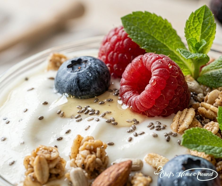 Creamy Greek yogurt topped with blueberries, raspberries, chia seeds, granola, and fresh mint leaves.