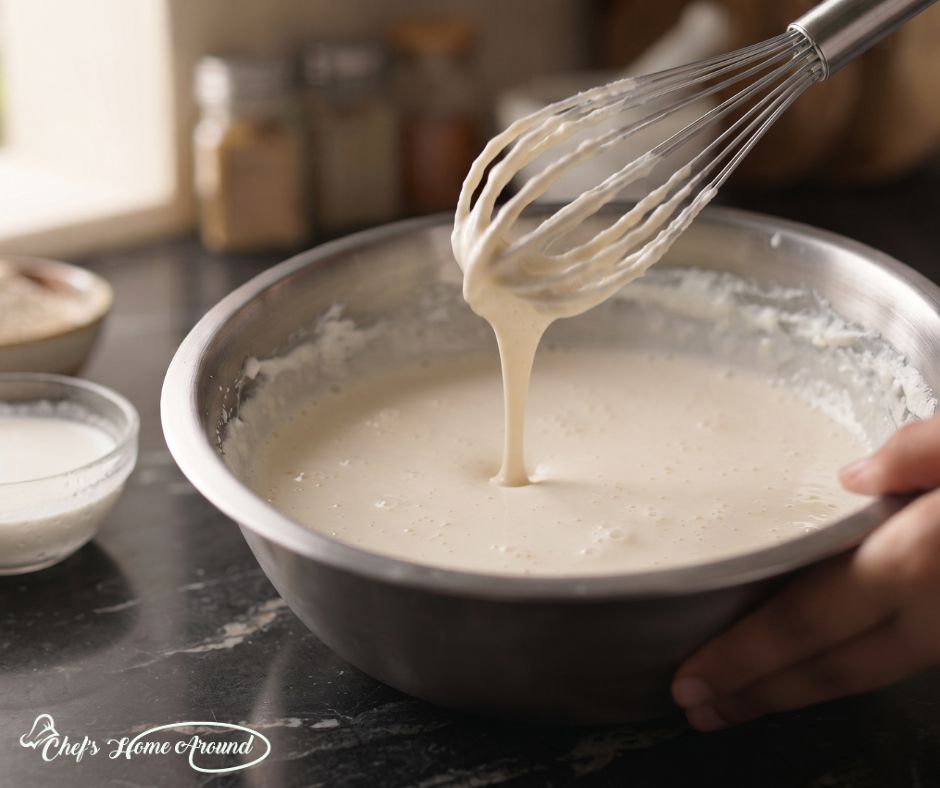 Smooth batter being whisked for a perfect Ghewar Recipe with thin flowing consistency.