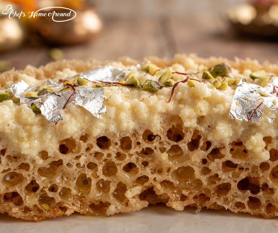Close-up of creamy Traditional Ghewar topped with thick rabri, khoya and dry fruits.