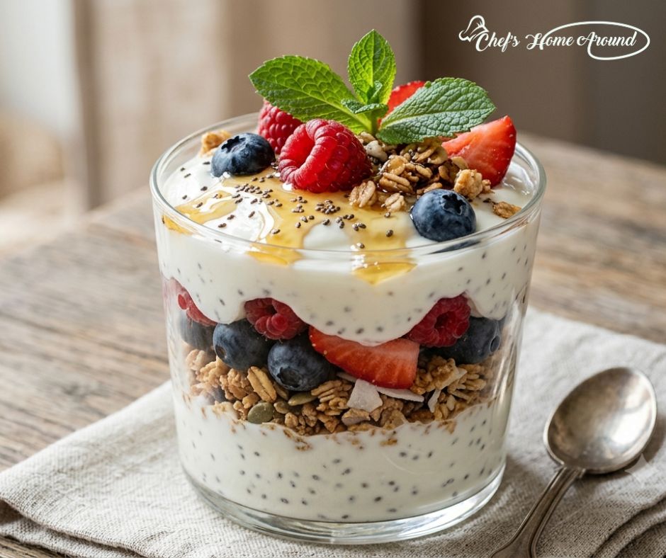 Layered Greek yogurt parfait served in a glass with strawberries, blueberries, granola, chia seeds, and honey drizzle.