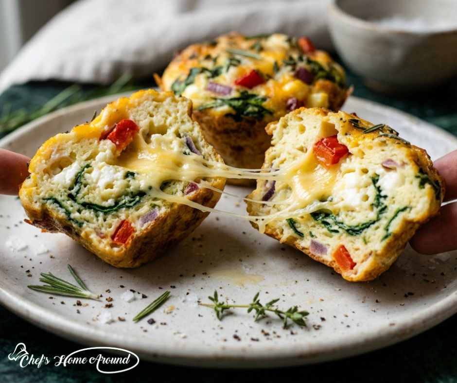 Cottage cheese veggie egg muffin cut open showing fluffy eggs, spinach, peppers, and melted cheese.