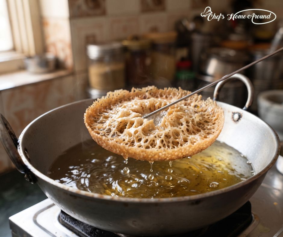 Crispy Rajasthani Ghewar Recipe being lifted carefully after frying.