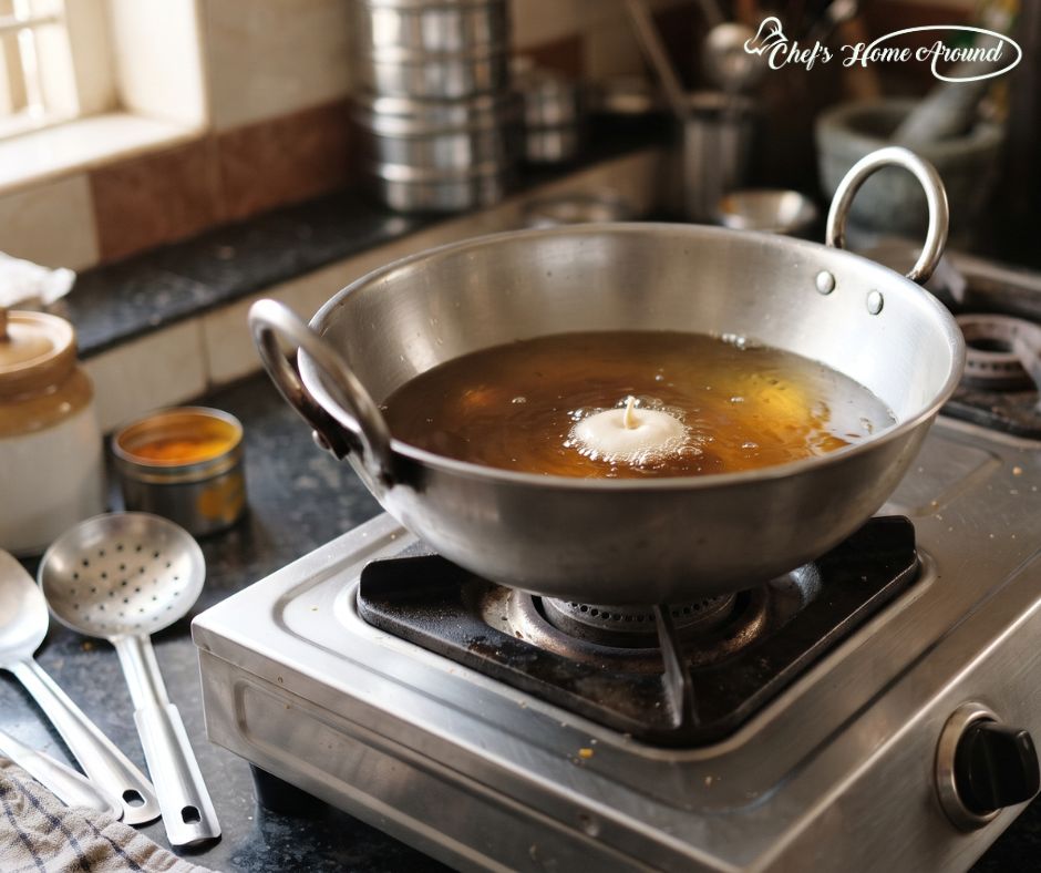 Batter being poured into hot oil while making an Easy Ghewar Recipe at home.