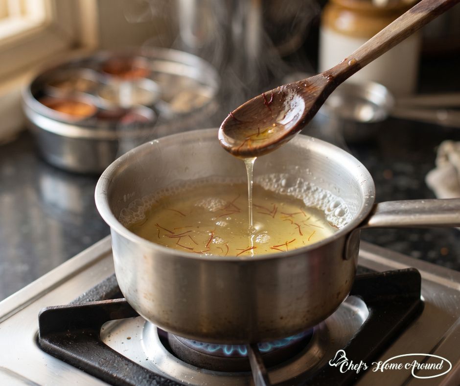 Sugar syrup reaching one-string consistency for an Easy Ghewar Recipe.