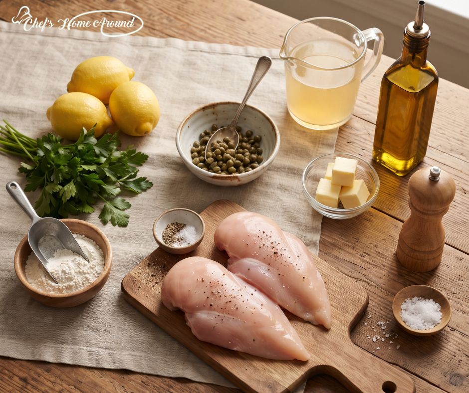 Ingredients for Chicken Piccata recipe including chicken, lemon, butter and capers