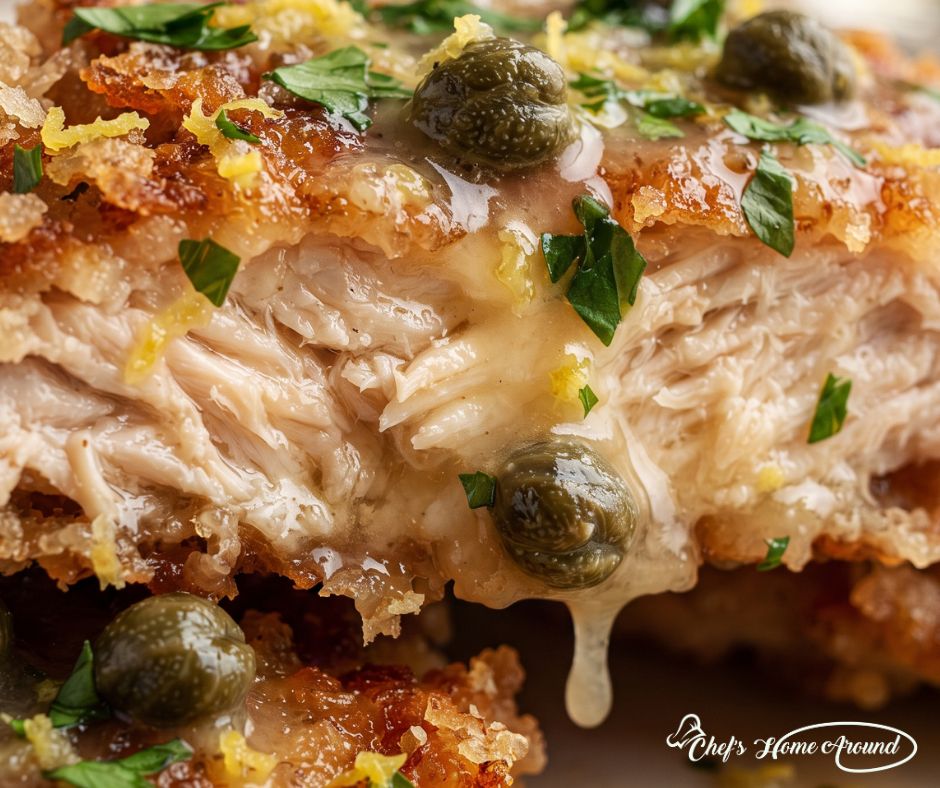 Close-up of juicy Chicken Piccata recipe with creamy sauce