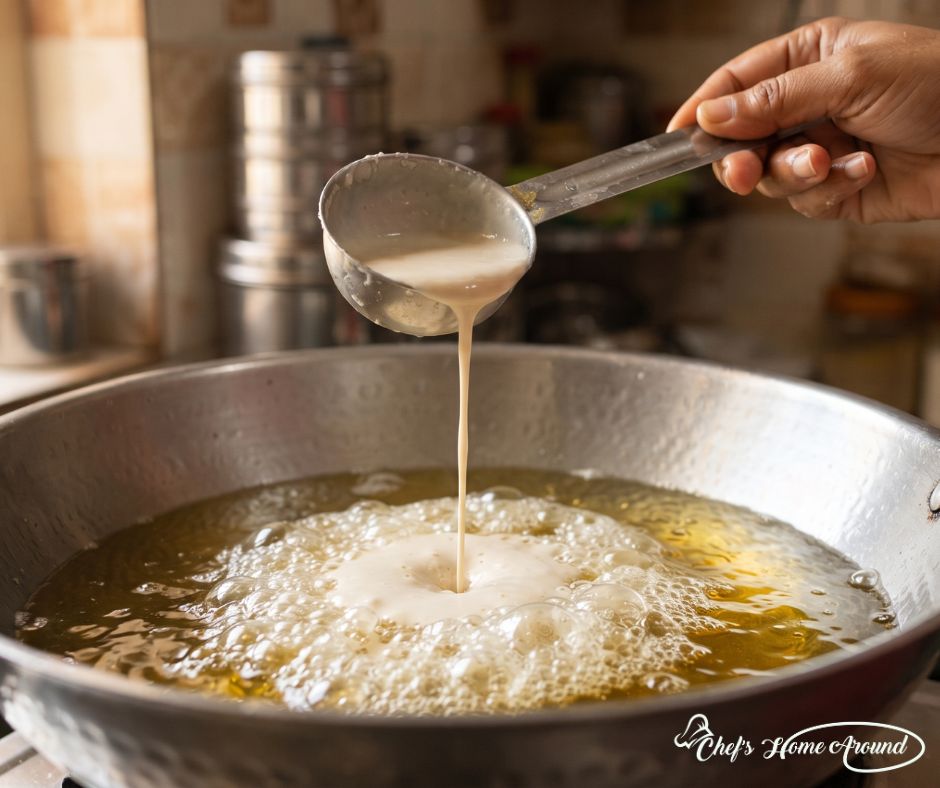 Batter forming the signature honeycomb pattern while making Homemade Ghewar.