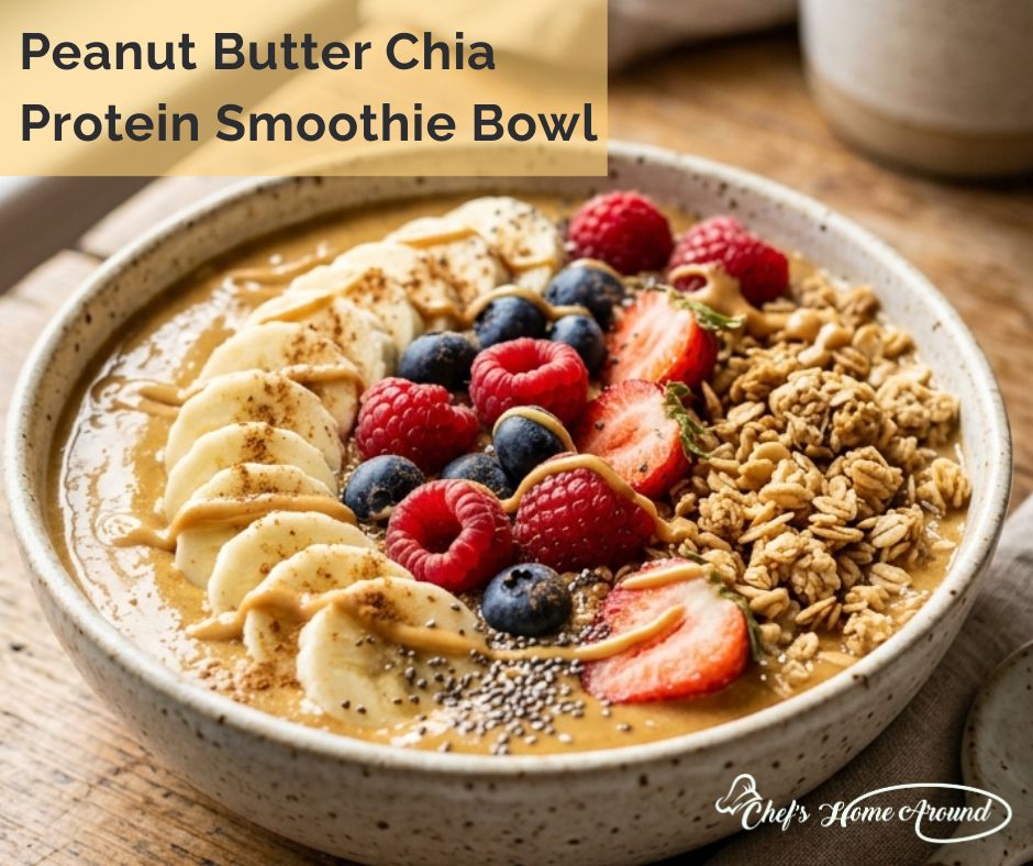 Creamy peanut butter chia protein smoothie bowl topped with banana slices, fresh berries, granola, and chia seeds for a healthy gluten free breakfast.