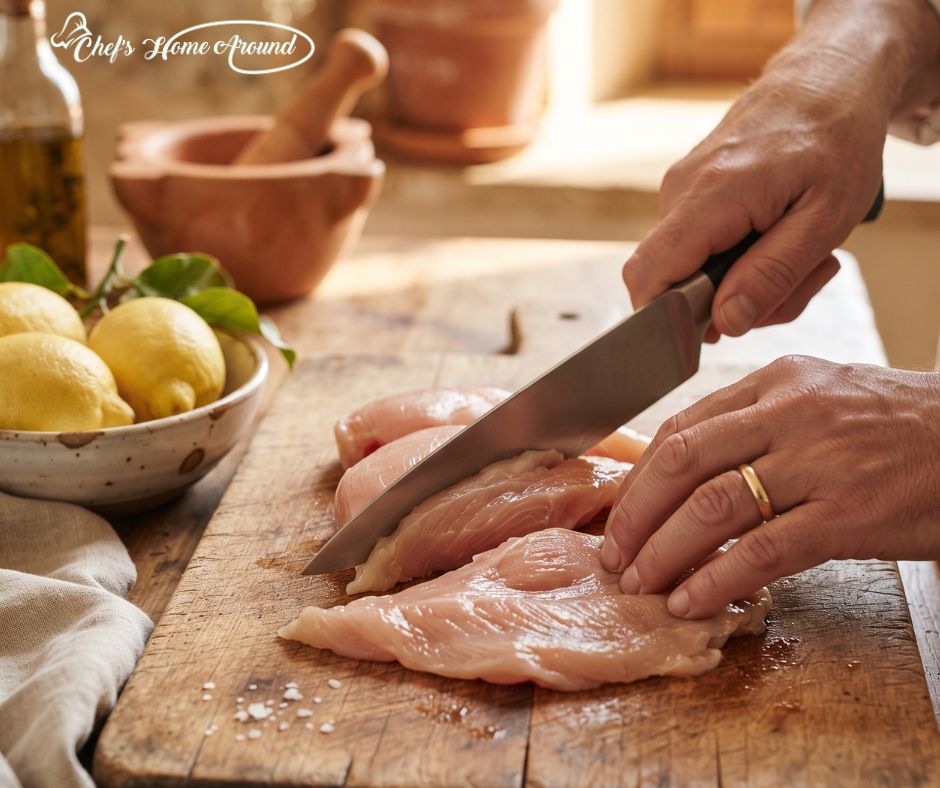 Pounding chicken breasts for Chicken Piccata recipe