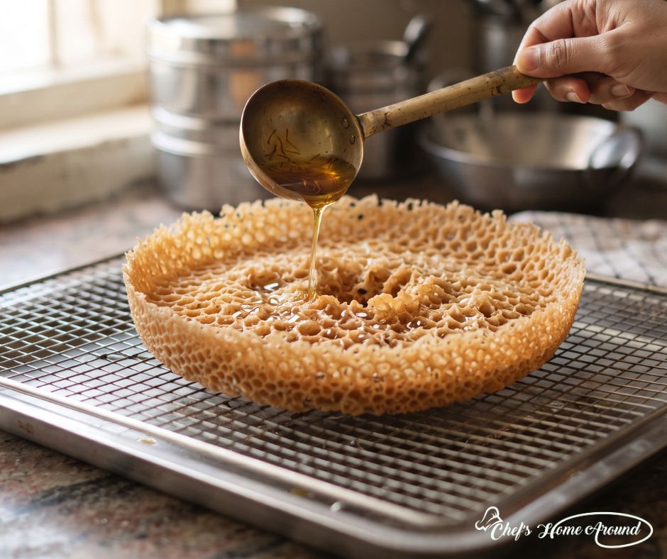 Warm sugar syrup being poured over freshly fried Ghewar Recipe.