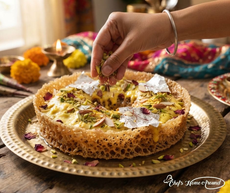 Garnishing Rajasthani Ghewar Recipe with pistachios, almonds and silver leaf.