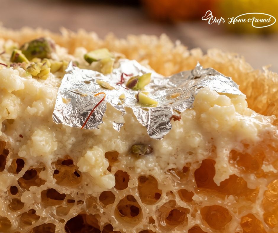 Macro close-up of Traditional Ghewar showing creamy rabri and honeycomb texture.