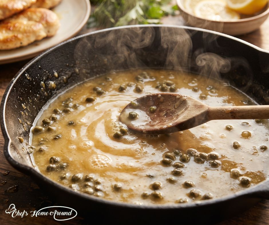 Homemade Chicken Piccata sauce simmering with butter, lemon and capers
