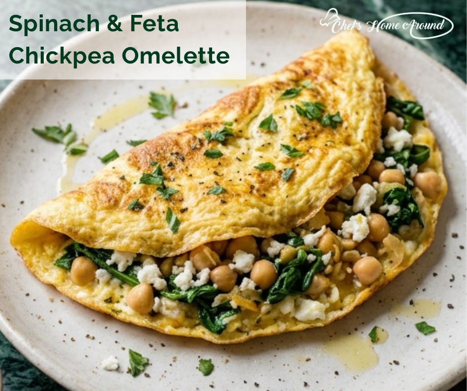 Fluffy spinach and feta chickpea omelette made with eggs, spinach, chickpeas, and feta cheese for a healthy gluten free breakfast.