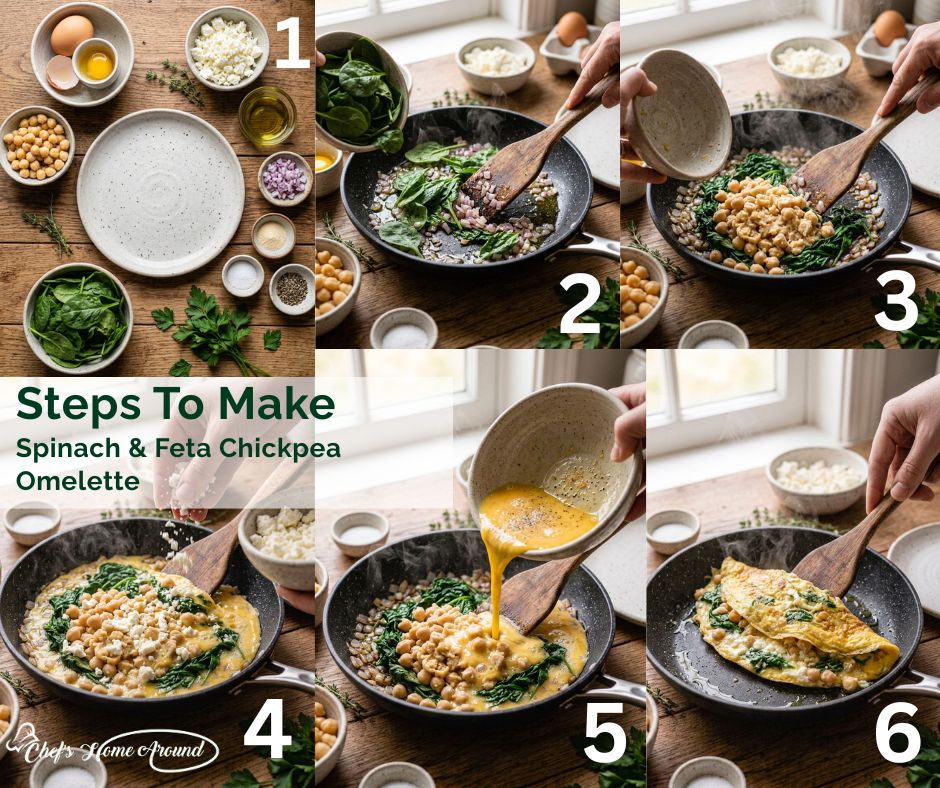 Step-by-step cooking process for spinach and feta chickpea omelette using eggs, spinach, chickpeas, onions, and feta cheese.