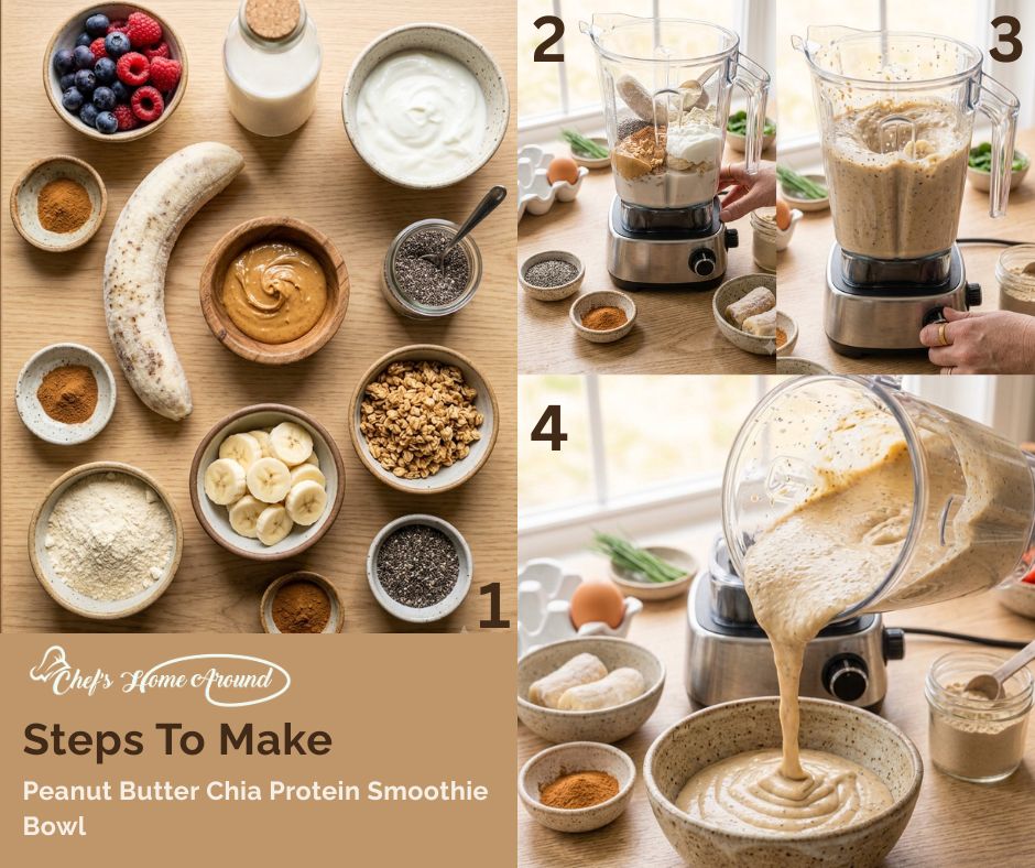 Step-by-step process of making a peanut butter chia protein smoothie bowl using banana, yogurt, peanut butter, chia seeds, and fresh toppings.