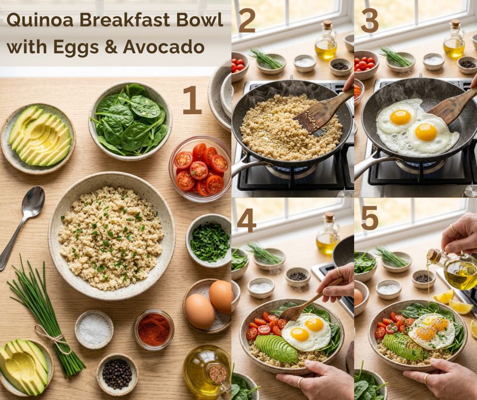 Step-by-step preparation of quinoa breakfast bowl with eggs, avocado, spinach, cherry tomatoes, and seasonings.