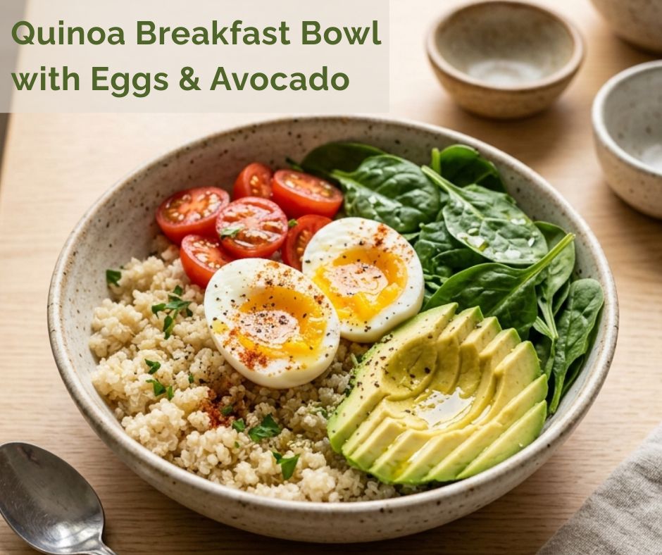 Healthy quinoa breakfast bowl served with eggs, avocado, cherry tomatoes, spinach, and herbs for a protein-rich gluten free breakfast.
